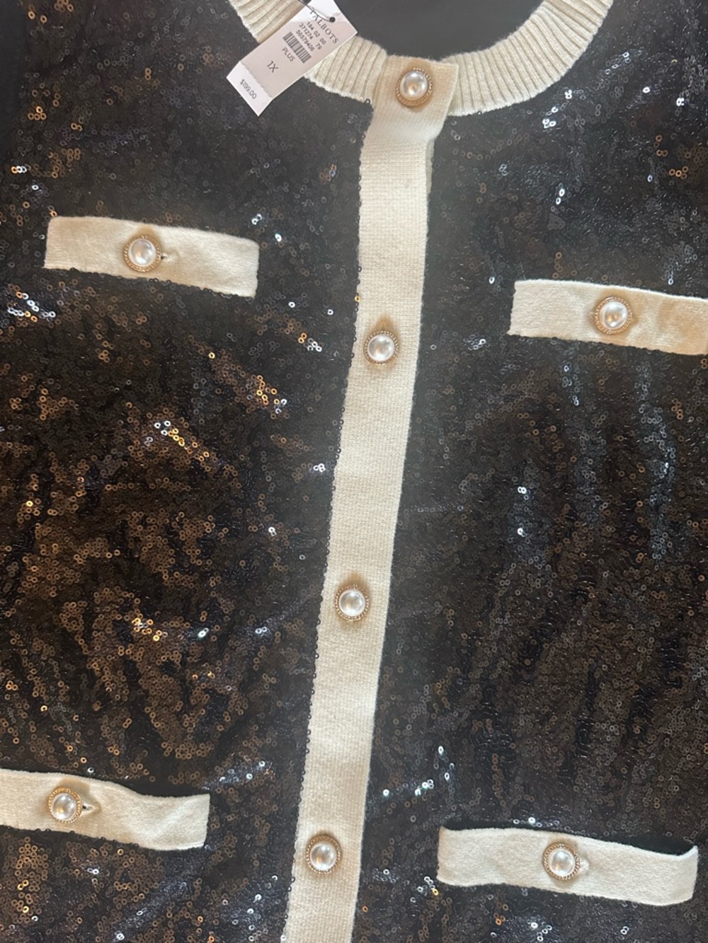 Talbots Black Sequin Crewneck Cardigan with Cream Trim - Picture 3 of 9